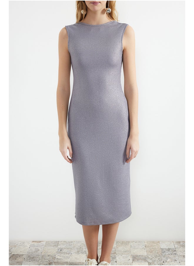 trendyol Anthracite Leather/Shiny Bodycone/Body Fitting Midi Flexible Knitted Pencil Dress TWOSS24EL00189  - Image 5