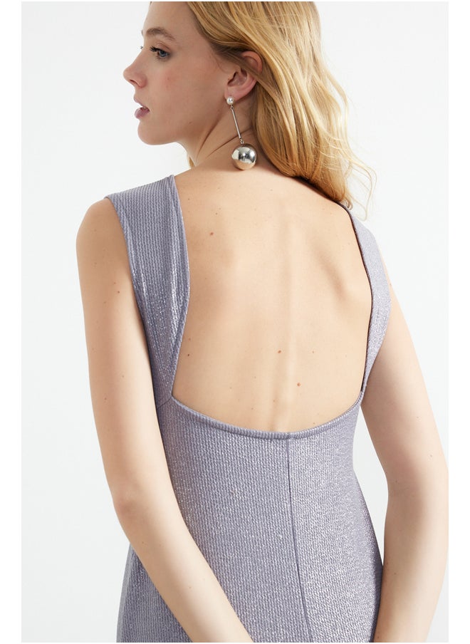 trendyol Anthracite Leather/Shiny Bodycone/Body Fitting Midi Flexible Knitted Pencil Dress TWOSS24EL00189  - Image 3