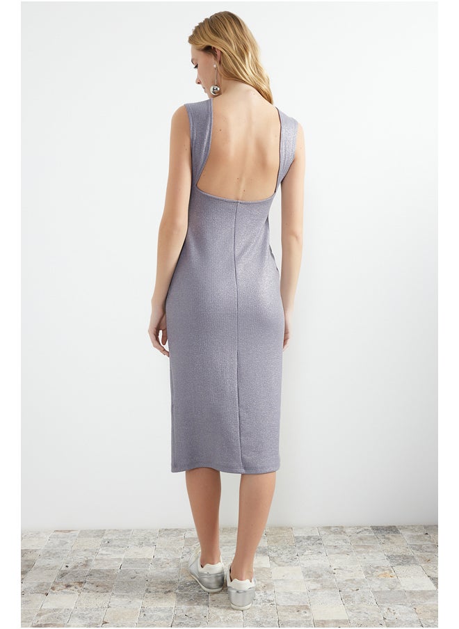 trendyol Anthracite Leather/Shiny Bodycone/Body Fitting Midi Flexible Knitted Pencil Dress TWOSS24EL00189  - Image 2