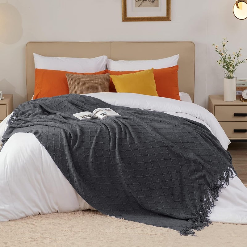 inhand Knitted Throw Blankets for Couch and Bed, Soft Cozy Knit Blanket with Tassel, Dark Grey Lightweight Boho Decorative Blankets and Throws, Farmhouse Warm Woven Blanket for Men and Women, 60"x80" - Image 5