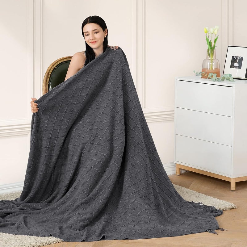 inhand Knitted Throw Blankets for Couch and Bed, Soft Cozy Knit Blanket with Tassel, Dark Grey Lightweight Boho Decorative Blankets and Throws, Farmhouse Warm Woven Blanket for Men and Women, 60"x80" - Image 2