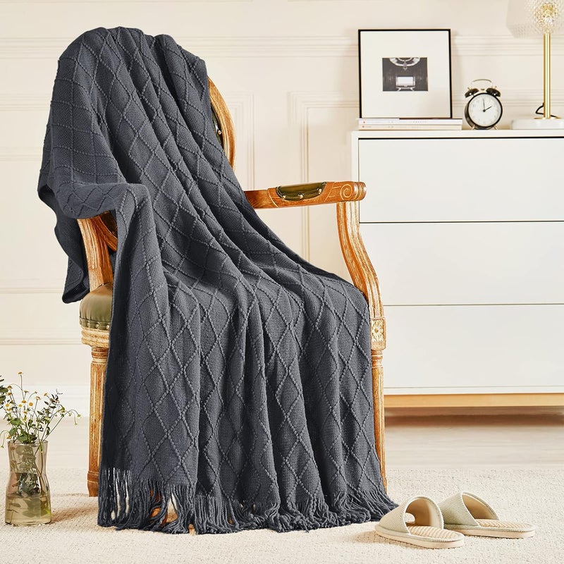 inhand Knitted Throw Blankets for Couch and Bed, Soft Cozy Knit Blanket with Tassel, Dark Grey Lightweight Boho Decorative Blankets and Throws, Farmhouse Warm Woven Blanket for Men and Women, 60"x80" - Image 1