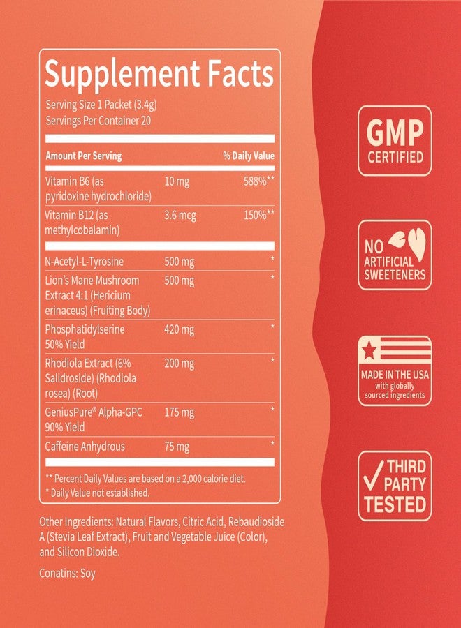 Nello SuperFocus Fruit Punch with Caffeine- Nootropic Focus Drink Mix, 20 On-The-Go Packets, Alpha GPC, Lion’s Mane, Rhodiola, Sugar-Free - Image 5