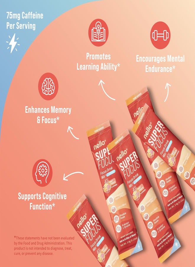 Nello SuperFocus Fruit Punch with Caffeine- Nootropic Focus Drink Mix, 20 On-The-Go Packets, Alpha GPC, Lion’s Mane, Rhodiola, Sugar-Free - Image 2