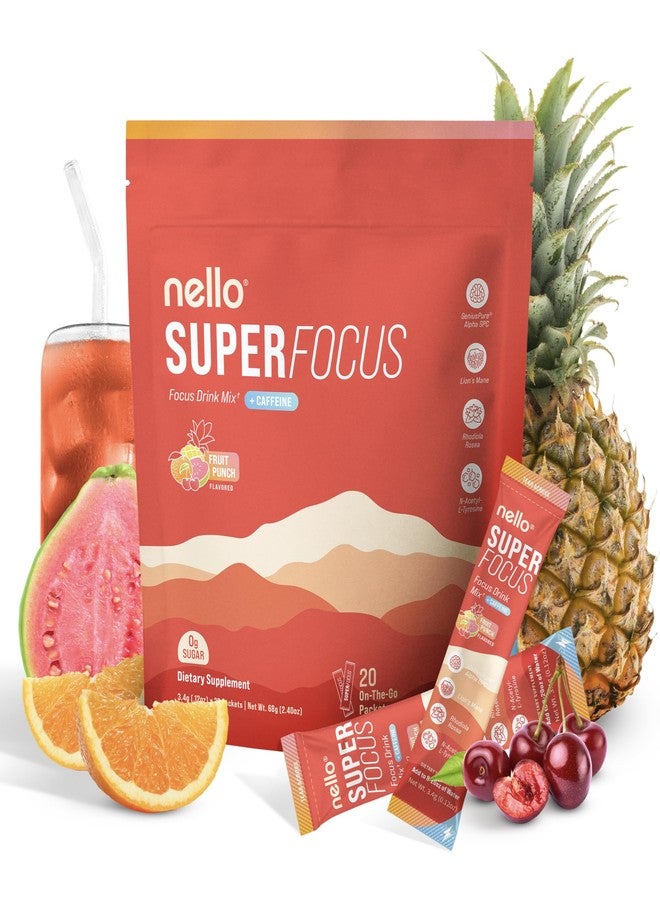 Nello SuperFocus Fruit Punch with Caffeine- Nootropic Focus Drink Mix, 20 On-The-Go Packets, Alpha GPC, Lion’s Mane, Rhodiola, Sugar-Free - Image 1