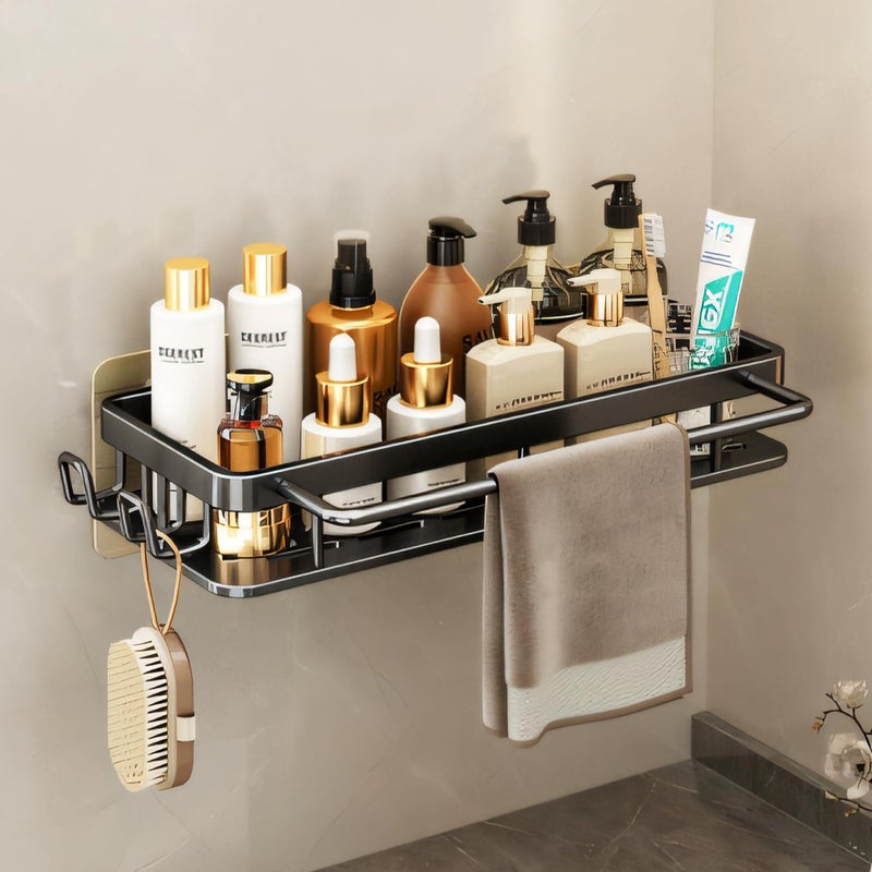 MIORAH No Drill Bathroom Shelves | Bathroom Accessories Set | Adhesive Black Carbon Steel Shelf | Pack of 1 - Image 1