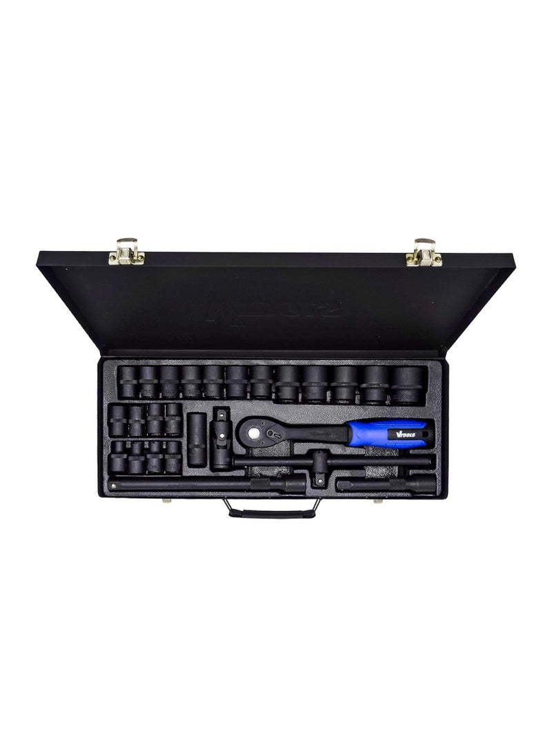 VTOOLS 26 PC 1/2" Drive CRV Socket Set in Portable Case, Includes Extension Bars, Universal Joint, Speeder Handle, Sliding Bar, Socket Bits, and Black Finishing  - Image 1