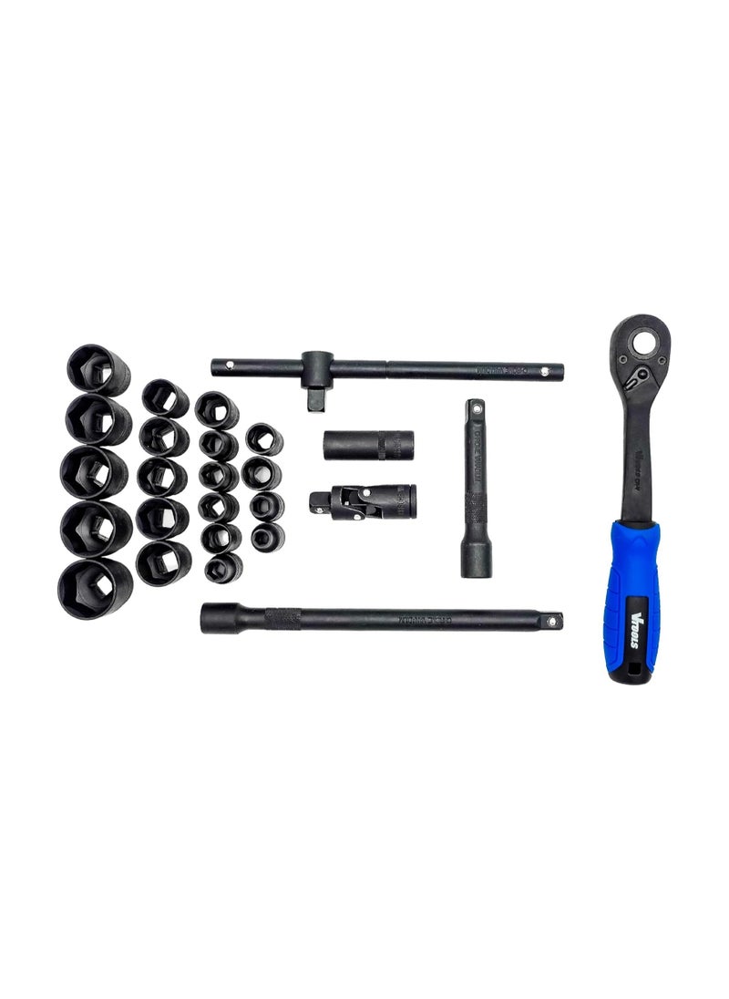 VTOOLS 26 PC 1/2" Drive CRV Socket Set in Portable Case, Includes Extension Bars, Universal Joint, Speeder Handle, Sliding Bar, Socket Bits, and Black Finishing  - Image 2