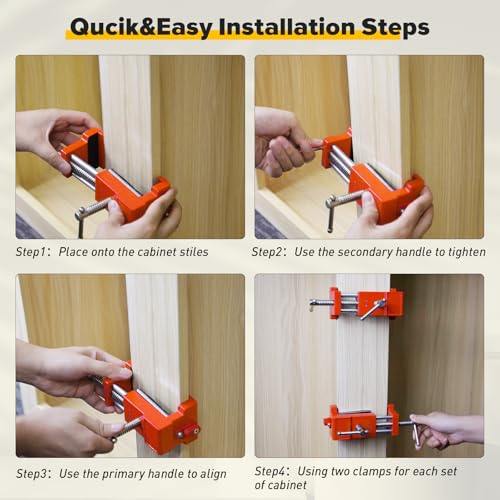 Sebupar Cabinet Clamps, Cabinet Installation Cabinetry Clamps Face Frame Clamps Tools with Two Side Screws and Alignment Plate, 4 Pack, Orange - Image 4