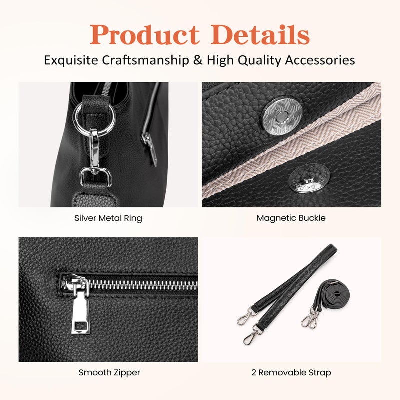 befen Genuine Leather Purse for Women, Black Leather Crossbody Bag Soft Hobo Purse Women's Shoulder Handbags with 2 Removable Straps Designer Cross Body Purses for Everyday & Travel & Work - Image 5