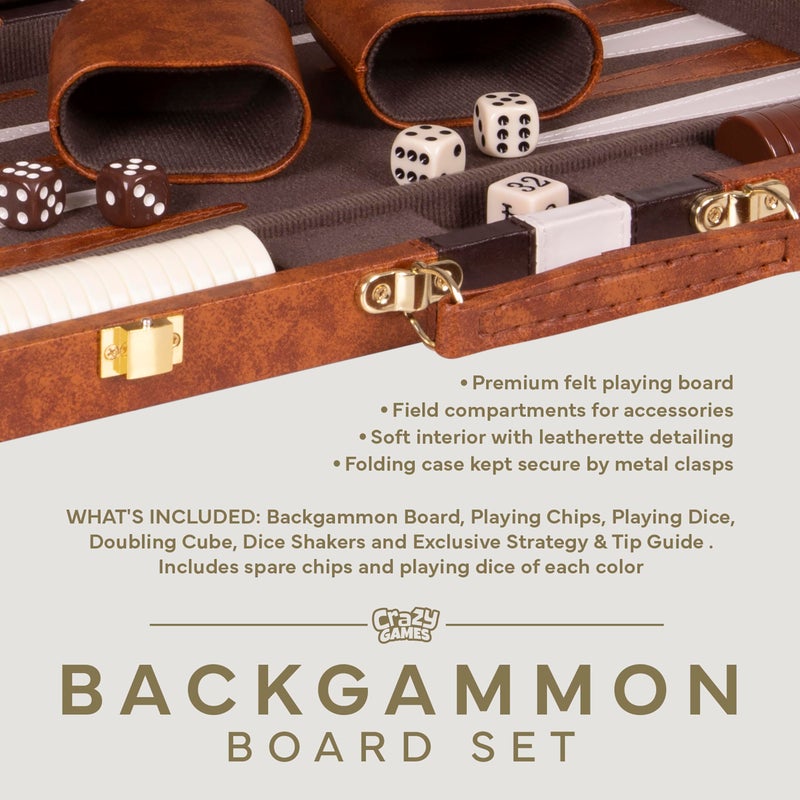 Crazy Games Premium Backgammon 15 Inches Medium Brown - Backgammon Sets for Adults and Kids - Leatherette Back Gammon Board Game Set - Travel Backgammon Set Board Encased with Accessories - Image 3
