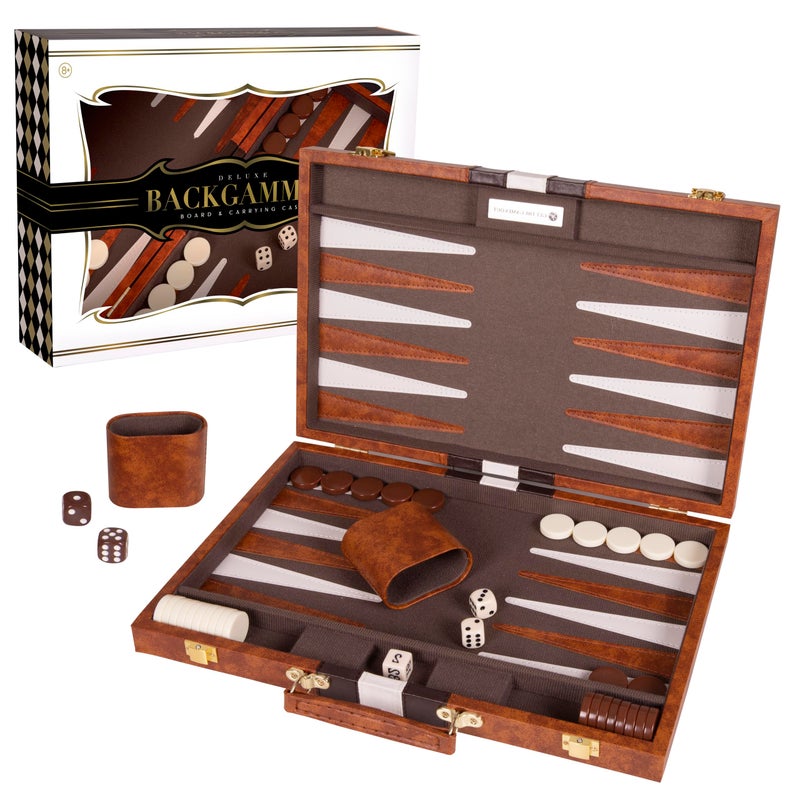 Crazy Games Premium Backgammon 15 Inches Medium Brown - Backgammon Sets for Adults and Kids - Leatherette Back Gammon Board Game Set - Travel Backgammon Set Board Encased with Accessories - Image 1