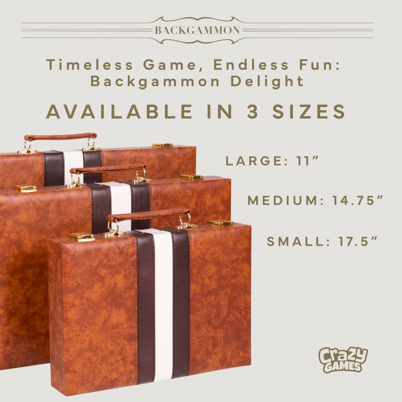 Crazy Games Premium Backgammon 15 Inches Medium Brown - Backgammon Sets for Adults and Kids - Leatherette Back Gammon Board Game Set - Travel Backgammon Set Board Encased with Accessories - Image 2