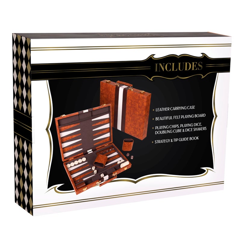 Crazy Games Premium Backgammon 15 Inches Medium Brown - Backgammon Sets for Adults and Kids - Leatherette Back Gammon Board Game Set - Travel Backgammon Set Board Encased with Accessories - Image 4