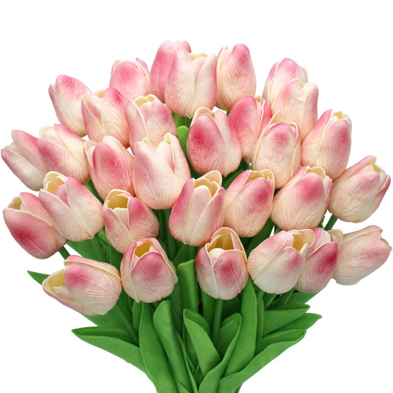 Pseutio 28pcs Pink Flowers Artificial Tulip Stems Real Feel PU Tulips for Easter Spring Wreath Wedding Bouquet Centerpiece Floral Arrangement Cemetery Table DÃ©cor 13" Tall - Image 1