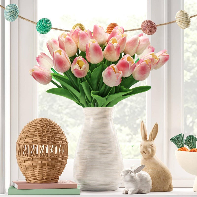 Pseutio 28pcs Pink Flowers Artificial Tulip Stems Real Feel PU Tulips for Easter Spring Wreath Wedding Bouquet Centerpiece Floral Arrangement Cemetery Table DÃ©cor 13" Tall - Image 3