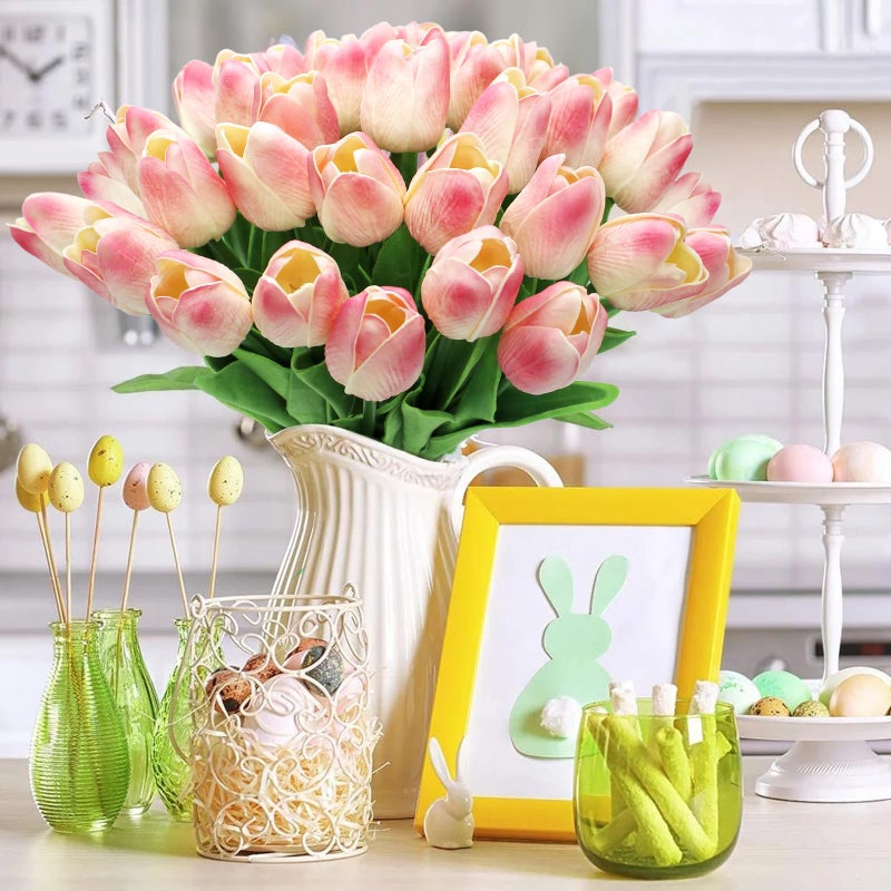 Pseutio 28pcs Pink Flowers Artificial Tulip Stems Real Feel PU Tulips for Easter Spring Wreath Wedding Bouquet Centerpiece Floral Arrangement Cemetery Table DÃ©cor 13" Tall - Image 4