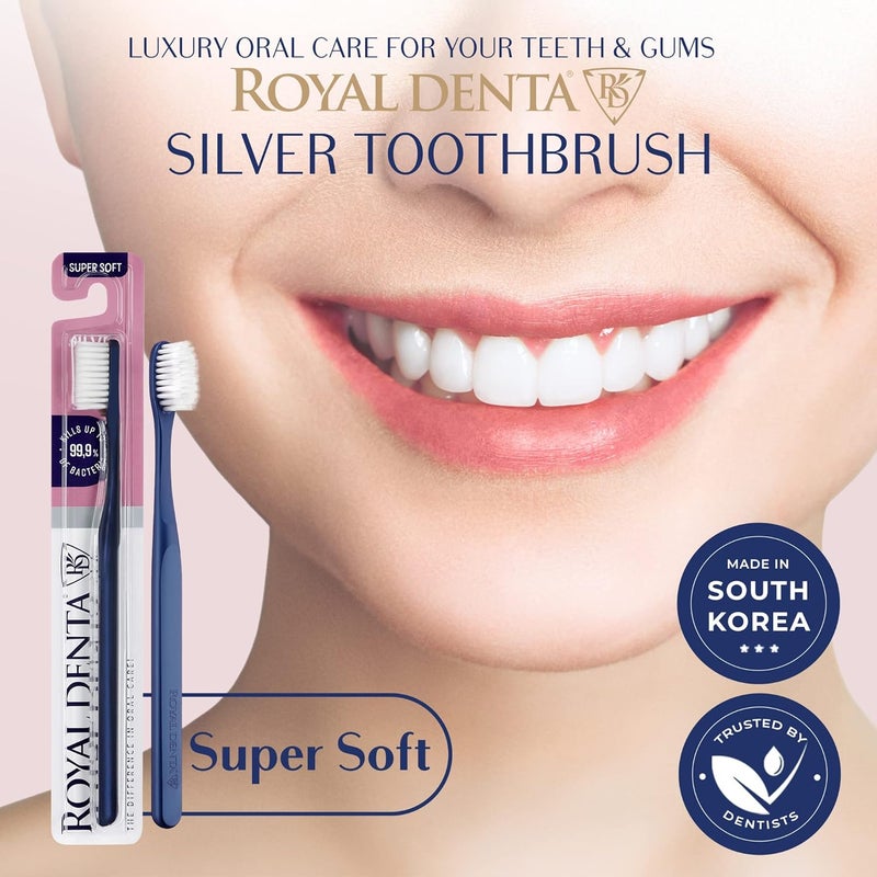Royal Denta فرشاة أسنان ناعمة جدًا للبالغين، بشعيرات ناعمة للغاية، فرشاة يدوية مزودة بشعيرات ذات طول مزدوج مدمجة بجزيئات الفضة للأسنان واللثة الحساسة، تزيل البلاك بلطف، مصنوعة في كوريا (لون أزرق) - Image 1
