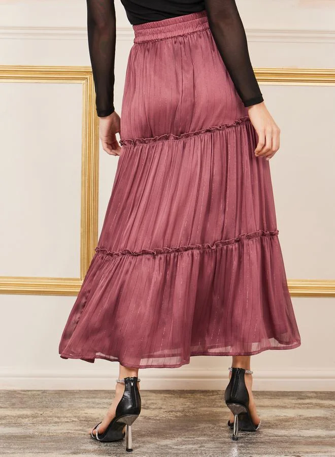 Styli Styli Lurex Striped Ruffle Detail Tiered Maxi Skirt