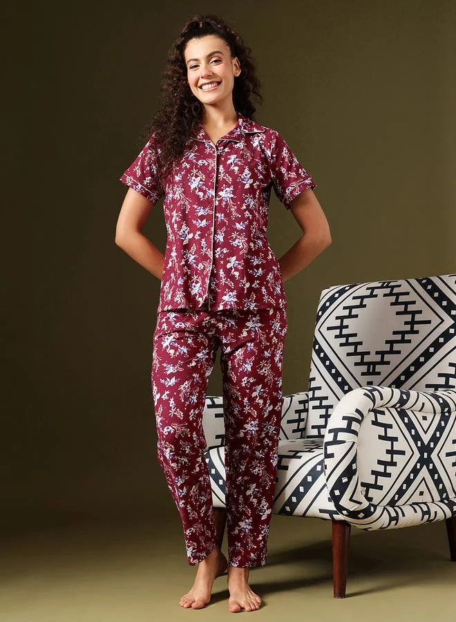 Clovia Floral Print Button-Down Shirt and Pyjama Set
