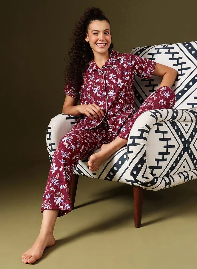 Clovia Floral Print Button-Down Shirt and Pyjama Set