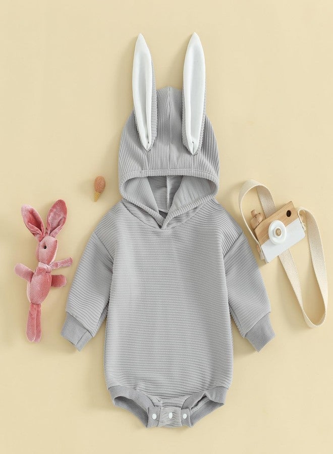 Rtnnsbbfcm My First Baby Boy Girl Easter Outfit Bunny Ears Hoodie Bubble Romper Newborn Onesie Easter Clothes (Easter Baby Bunny Ears Gray, 3-6 Months) - Image 2