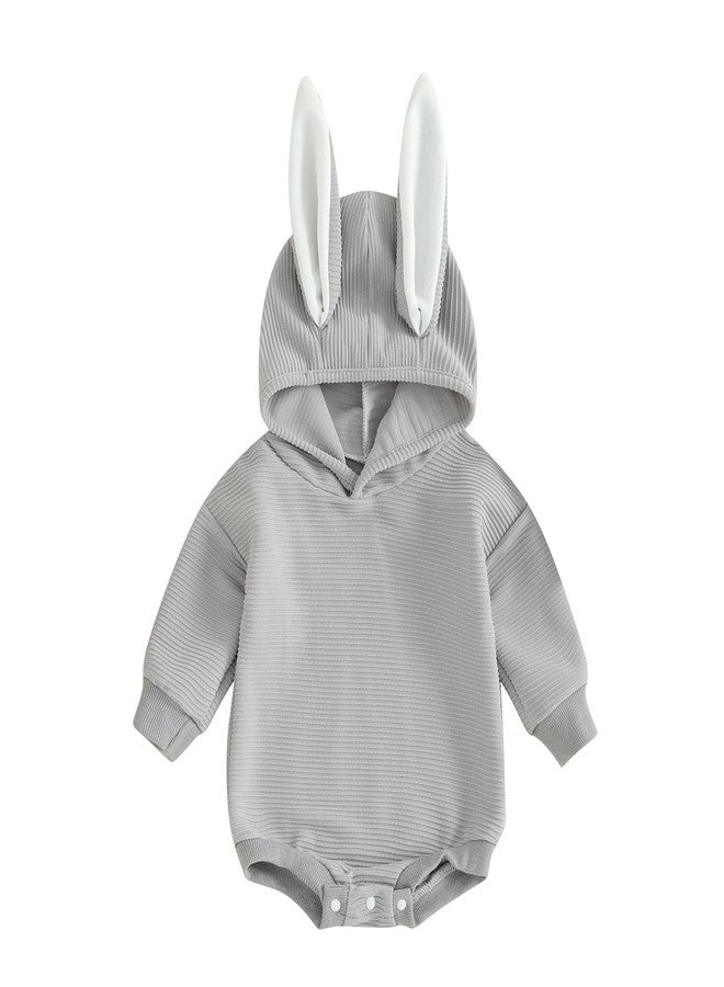 Rtnnsbbfcm My First Baby Boy Girl Easter Outfit Bunny Ears Hoodie Bubble Romper Newborn Onesie Easter Clothes (Easter Baby Bunny Ears Gray, 3-6 Months) - Image 1