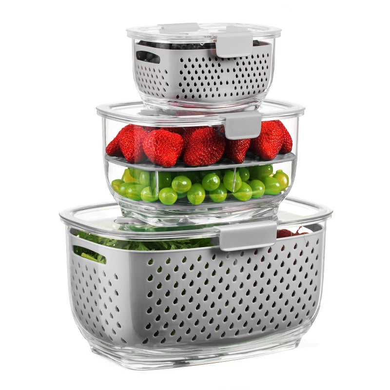 Luxear 3 Pack Fruit Vegetable Storage Containers BPA Free Refrigerator Container Divided Salad Container Fridge Organizer Used to Store Fruit and Vegetable Containers - Image 1