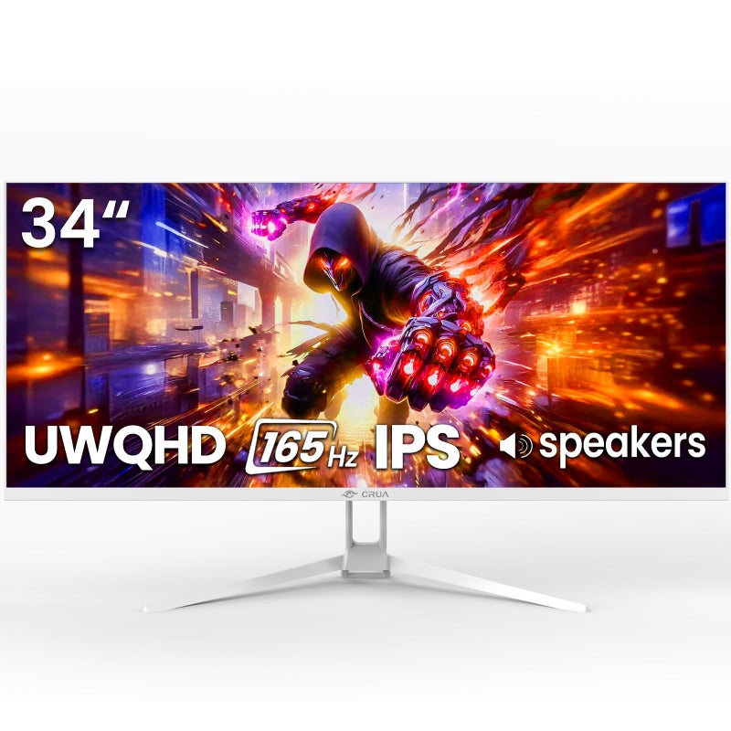 CRUA 34'' White Gaming Monitor, 165HZ/144HZ, WQHD(3440x1440P) IPS UltraWide Screen Computer Monitors with Built-in Speakers, Supports FreeSync, 120% sRGB, HDMI 2.0 & DP 1.4, Wall Mountable Installs - Image 1