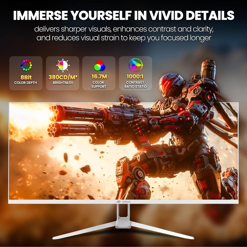 CRUA 34'' White Gaming Monitor, 165HZ/144HZ, WQHD(3440x1440P) IPS UltraWide Screen Computer Monitors with Built-in Speakers, Supports FreeSync, 120% sRGB, HDMI 2.0 & DP 1.4, Wall Mountable Installs - Image 3
