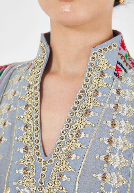 Thouq Mandarin Collar Embroidered Jalabiya