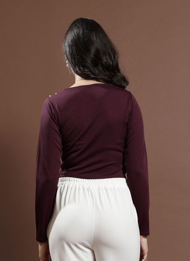 Athena Burgundy Embellished Round Neck Top for Women - Image 5