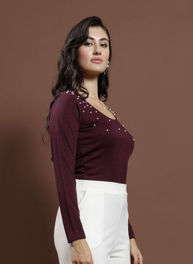 Athena Burgundy Embellished Round Neck Top for Women - Image 3