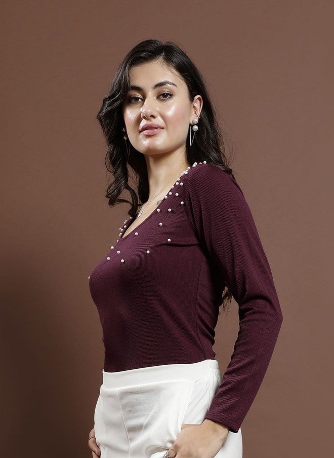 Athena Burgundy Embellished Round Neck Top for Women - Image 4