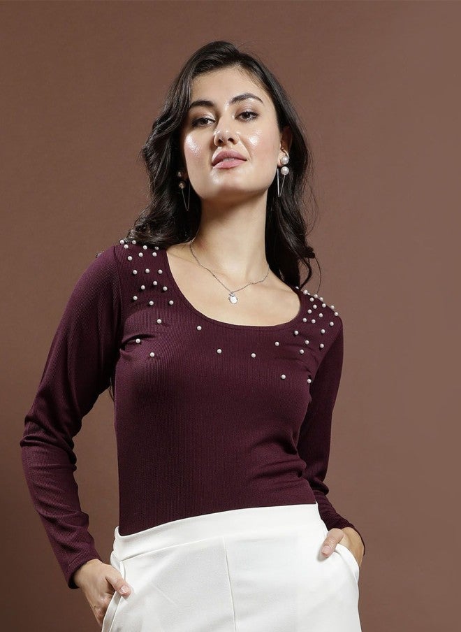 Athena Burgundy Embellished Round Neck Top for Women - Image 1