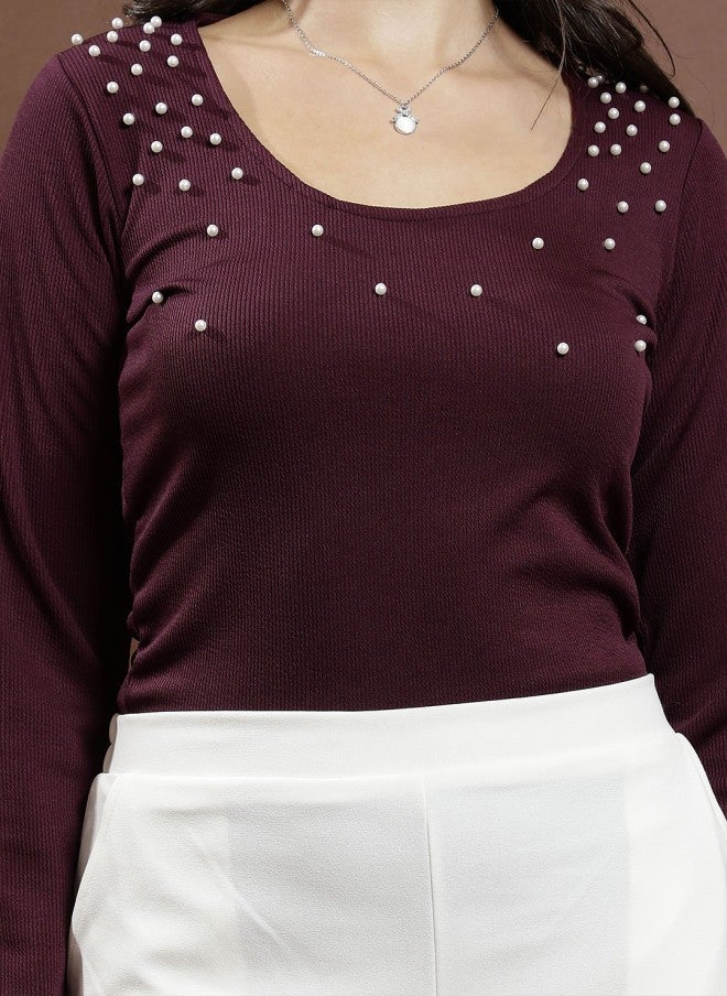 Athena Burgundy Embellished Round Neck Top for Women - Image 2