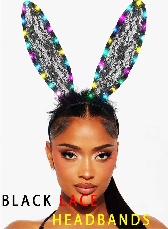 Foyte Black Bunny Ears Headband Light Up Lace Rabbit Headpiece Glowing Fluffy Headbands Long Ears Hair Accessories for Women Masquerade - Image 2
