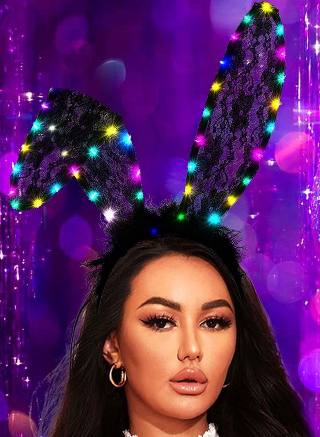 Foyte Black Bunny Ears Headband Light Up Lace Rabbit Headpiece Glowing Fluffy Headbands Long Ears Hair Accessories for Women Masquerade - Image 1