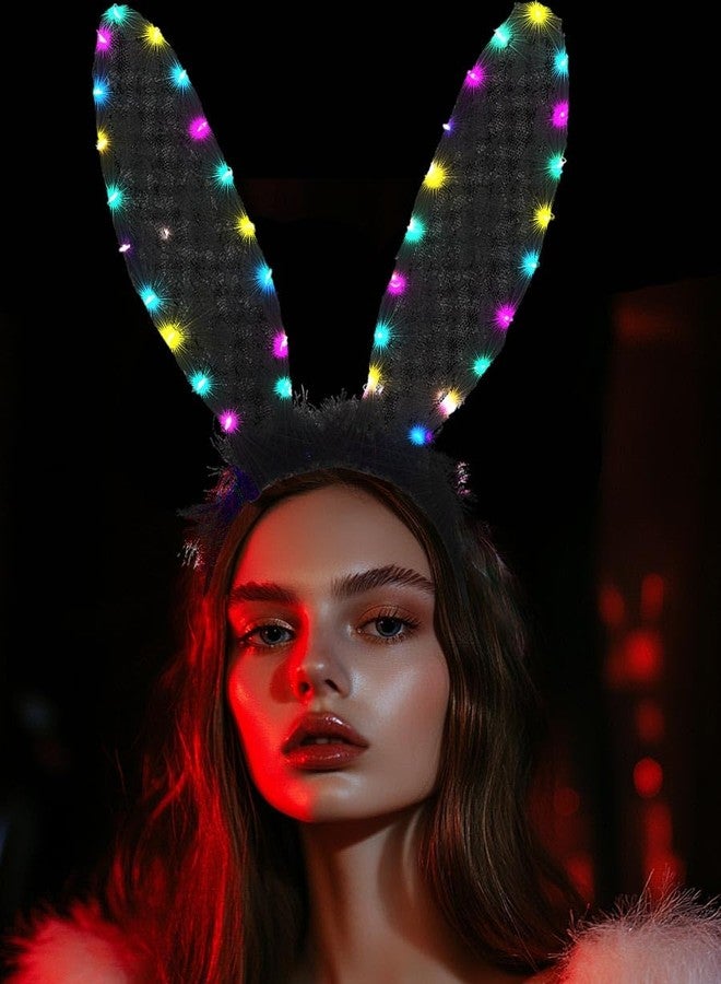 Foyte Black Bunny Ears Headband Light Up Lace Rabbit Headpiece Glowing Fluffy Headbands Long Ears Hair Accessories for Women Masquerade - Image 4