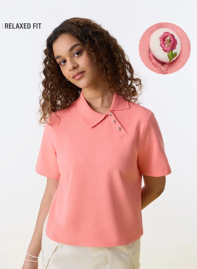 The Souled Store Coral Cotton Polo T-Shirt with Embroidered Buttons