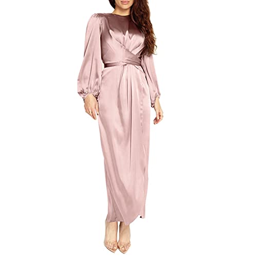 StarDY Women's Plain Satin Abaya Dress Round Collar Balloon Sleeve Wrap Waist Slit Maxi Dress Middle Eastern Muslim Gown (Pink,L) - Image 2