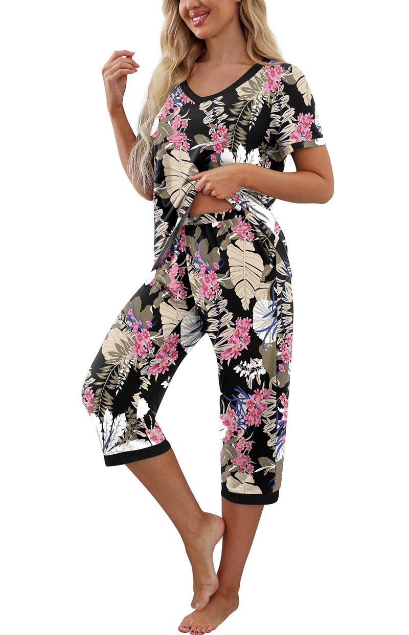 PrinStory Womens Pajama Sets Summer Ladies Pjs 2 Piece Loungewear Capri with Pockets 2XL,FP-Big Leaf Pink - Image 3
