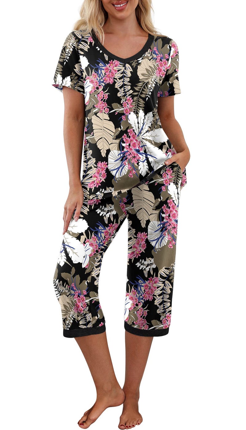 PrinStory Womens Pajama Sets Summer Ladies Pjs 2 Piece Loungewear Capri with Pockets 2XL,FP-Big Leaf Pink - Image 1