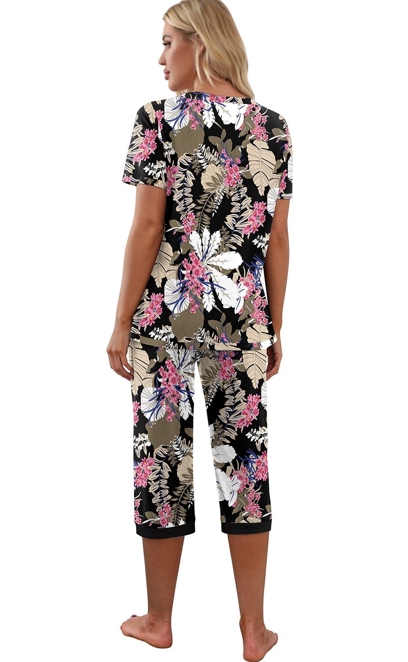 PrinStory Womens Pajama Sets Summer Ladies Pjs 2 Piece Loungewear Capri with Pockets 2XL,FP-Big Leaf Pink - Image 5