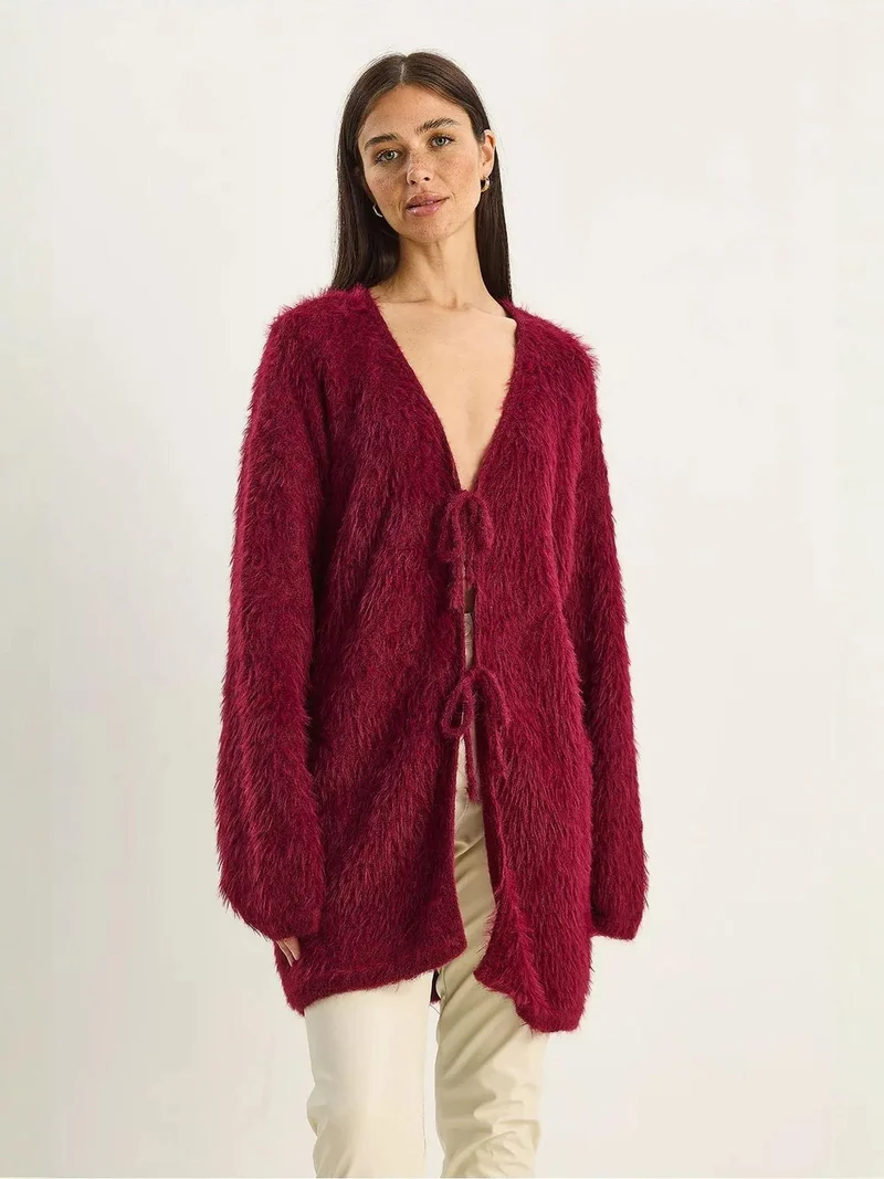 LUCCI Textured V-Neck Midi Cardigan with Tie Closure