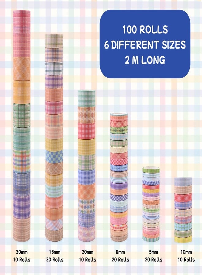 GINCEVHY Plaid Washi Tape Set, 100 Rolls Basic Grid Decorative Masking Tapes, 5/8/10/15/20/30mm Wide 6.56ft Long/Roll Colorful Lattice Washi Tape for Arts, DIY Crafts, Journals, Planners, Scrapbook, Wrapping - Image 2