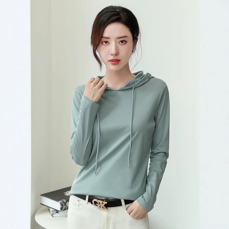 2024 Silk Cotton Hoodie T-Shirt Womens Spring Thin Fashion Top fruit green - Image 5