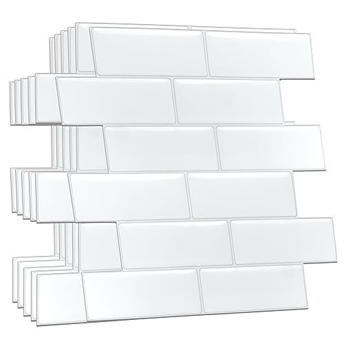 WALPLUS 20 Sheets Peel and Stick Kitchen Backsplash Tile Stickers Self Adhesive Stick on Subway Tile 12 x 6 Bathroom Splashback Water Heat Resistant 3D Wall Tiles Pure White Mosaic