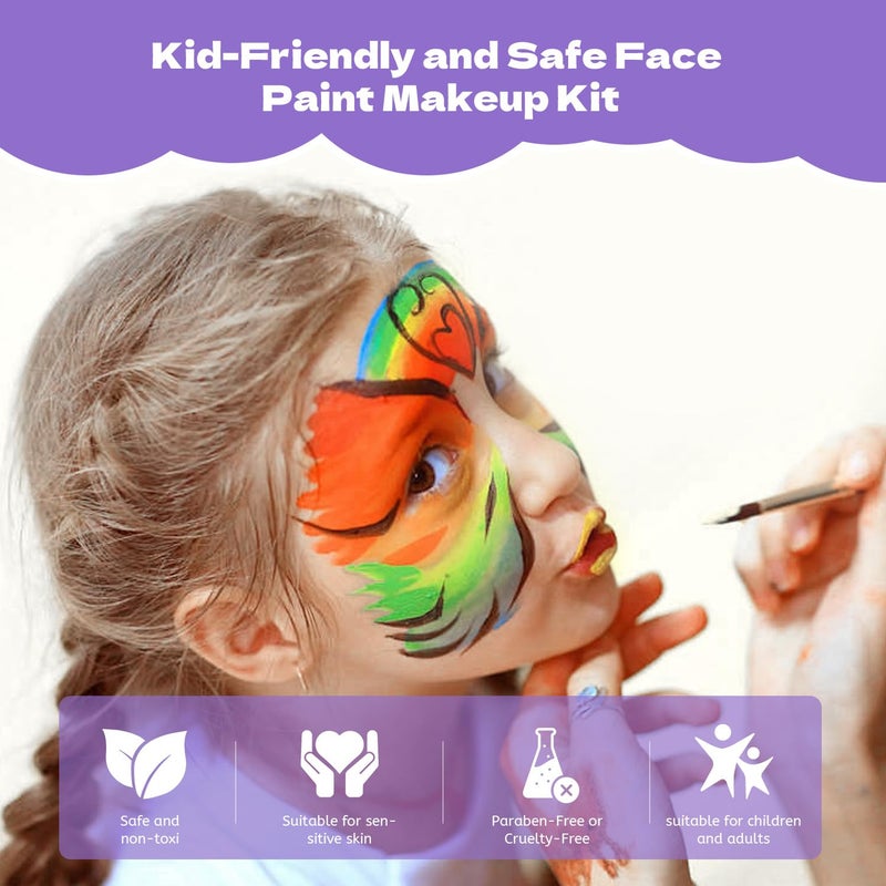 PINTADA 42 Color Face Painting Kit for Kids + 30g Black & White - Non Toxic Water Activated Face paint palette with Stencils, Brushes, Gems - For Halloween Makeup, Carnival, Parties & Cosplay - Image 5