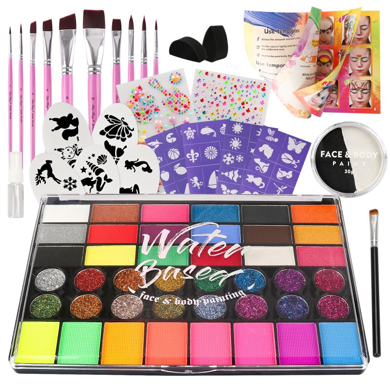 PINTADA 42 Color Face Painting Kit for Kids + 30g Black & White - Non Toxic Water Activated Face paint palette with Stencils, Brushes, Gems - For Halloween Makeup, Carnival, Parties & Cosplay - Image 1